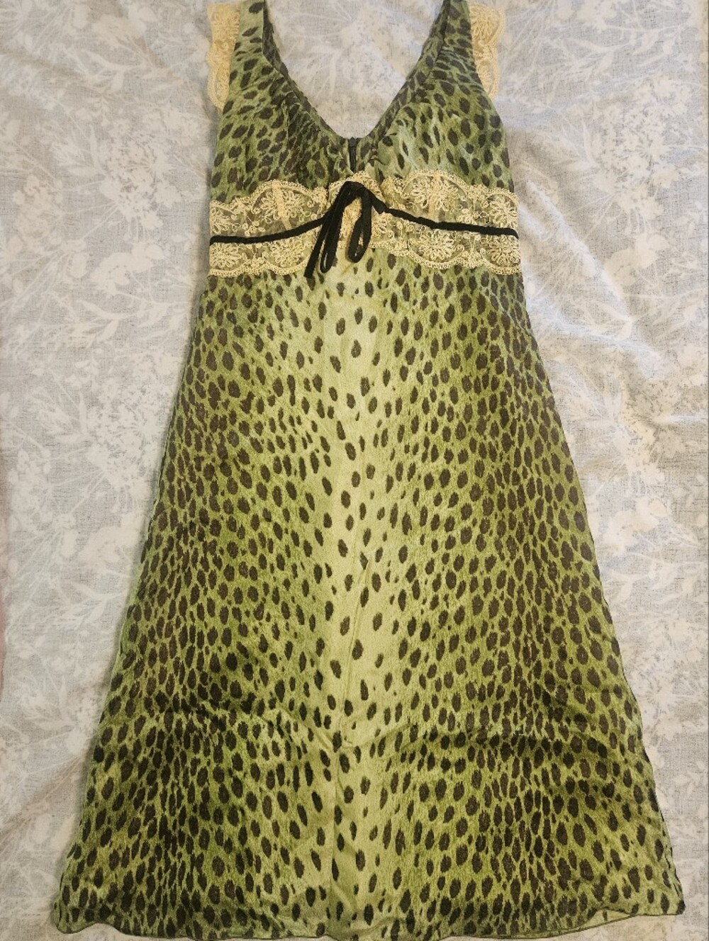 Rare Green Leopard Lace Y2k Witchy Practical Magic Italian Silk Vintage Dress - Picture 3 of 7